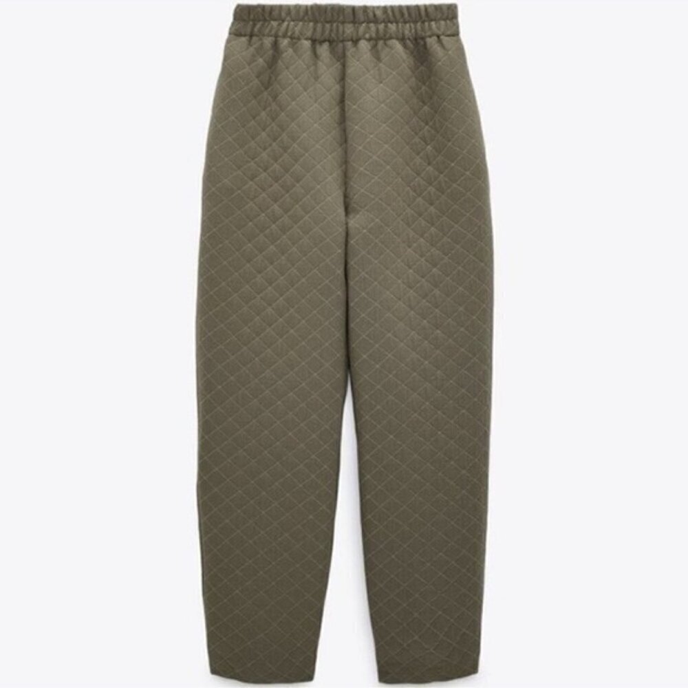 Zara women’s khaki green quilted high rise pull on trouser pants size medium